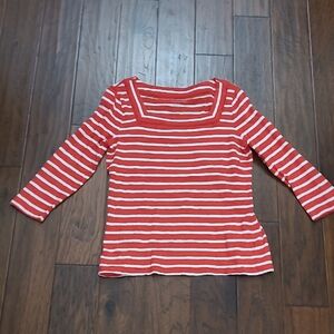 Talbots Red & White Striped Cotton Top with Square Neck size Medium